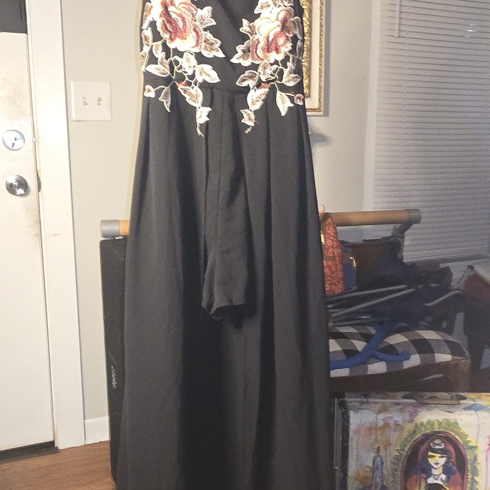 Miami Black Dress with Red and White Floral Embroidery